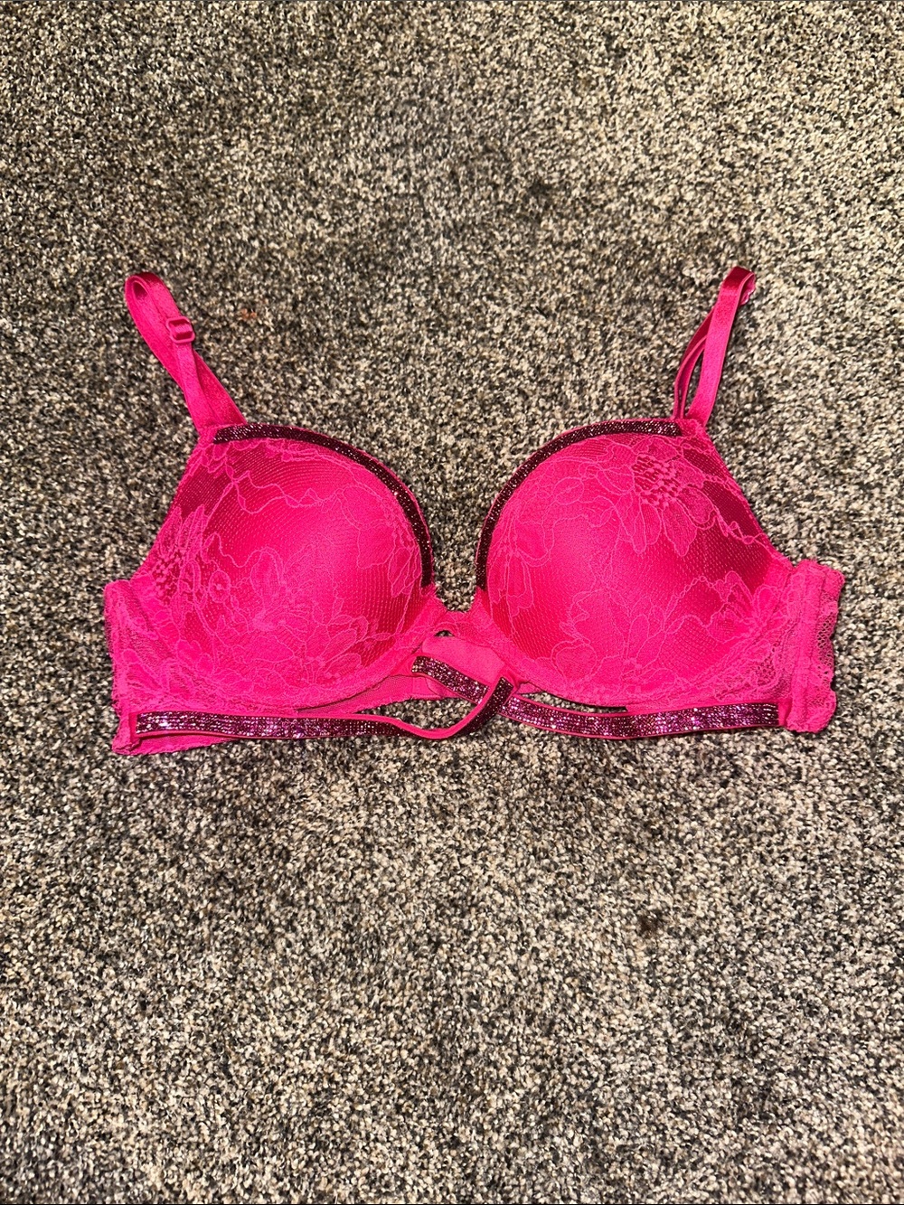 Victoria's Secret Hot Pink Lace Push-Up Bra with Glitter Accent